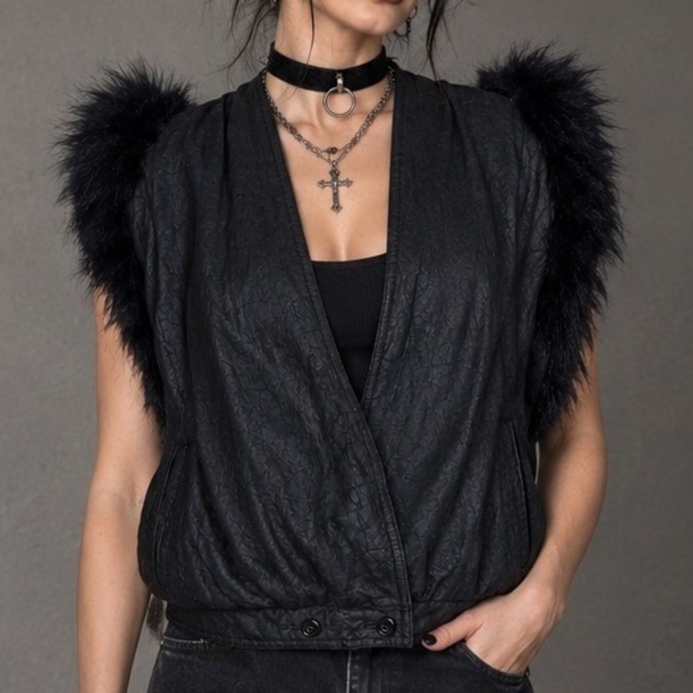 Vintage 80s Genuine Leather Vest Black Fur Shoulder Punk Surplice Deep V Top